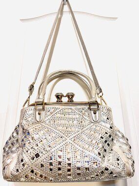 Bottari Double Diamond Ring Silver Purse Disco Style Bling Silver/Gold Med Purse